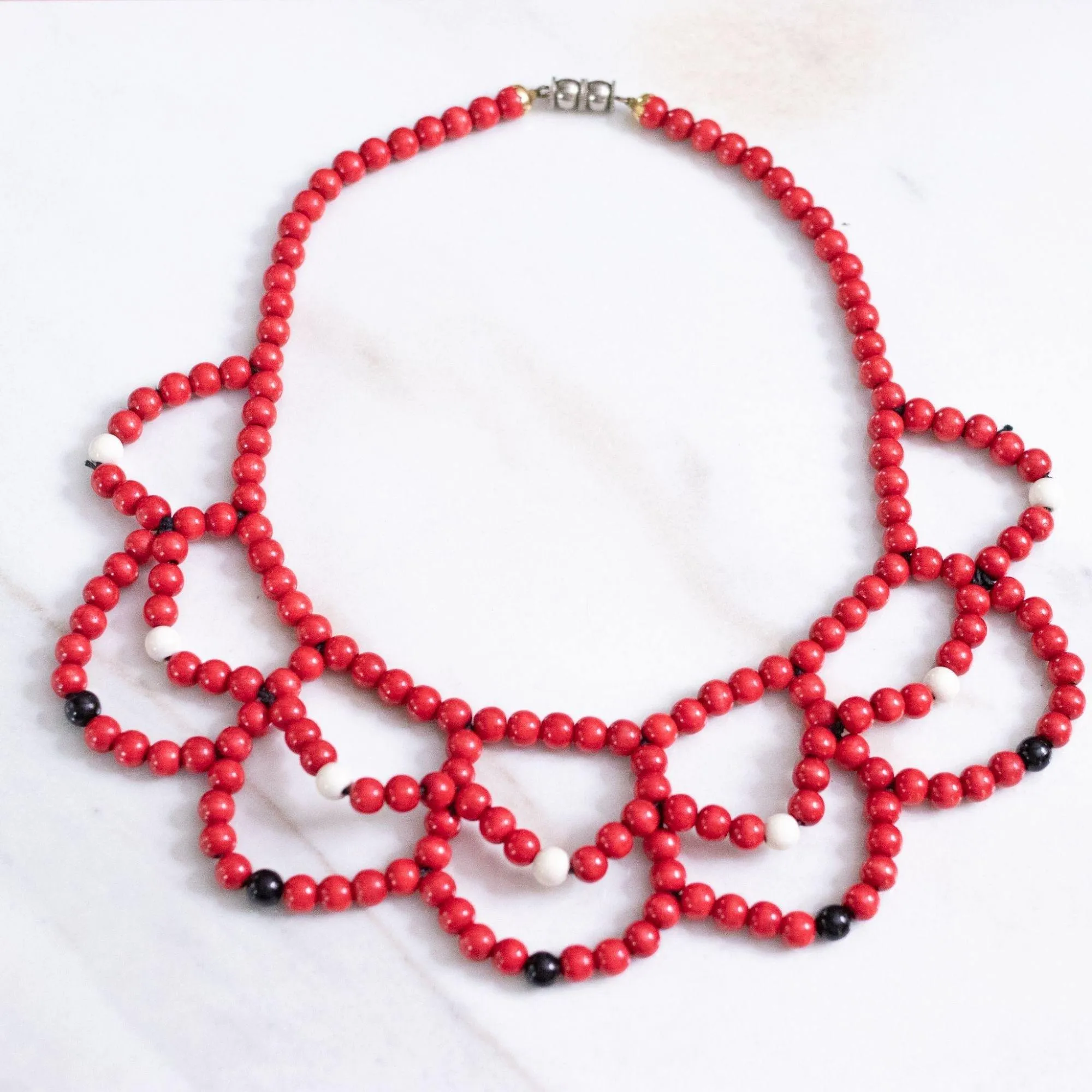 Vintage Red, White, Black Funky Bib Statement Necklace