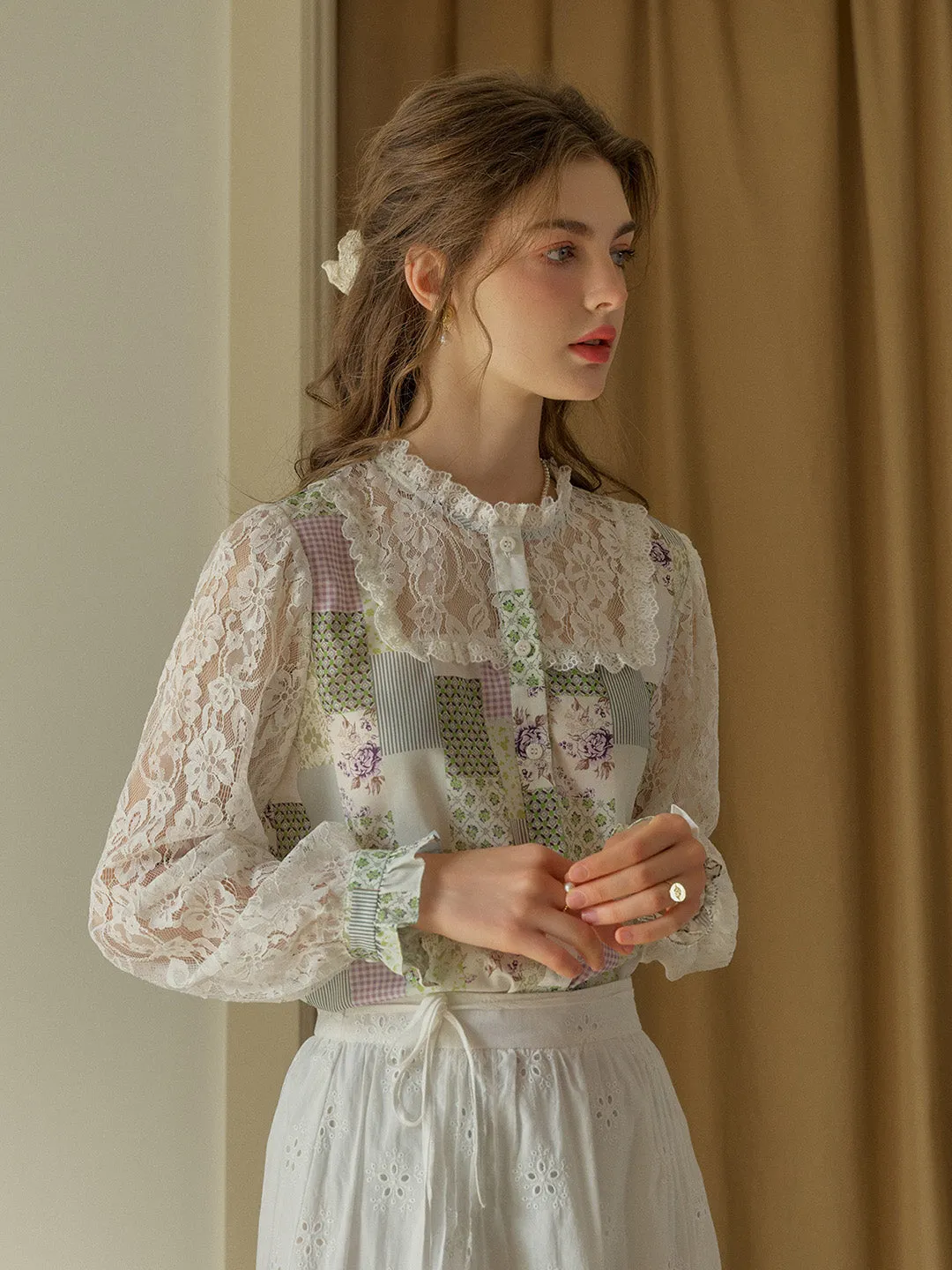 Vivienne Lace Collar Patchwork Blouse - Blue