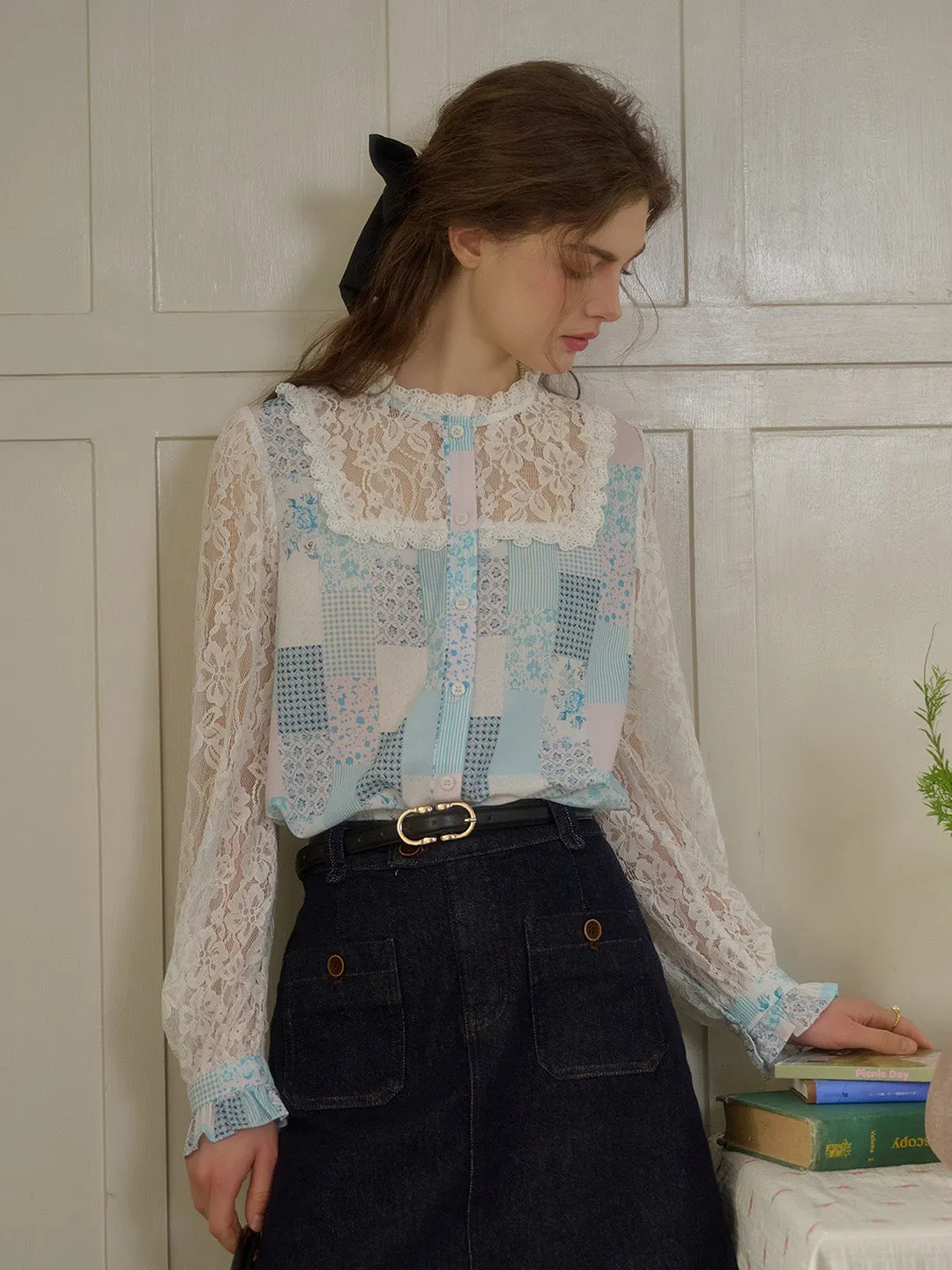 Vivienne Lace Collar Patchwork Blouse - Blue