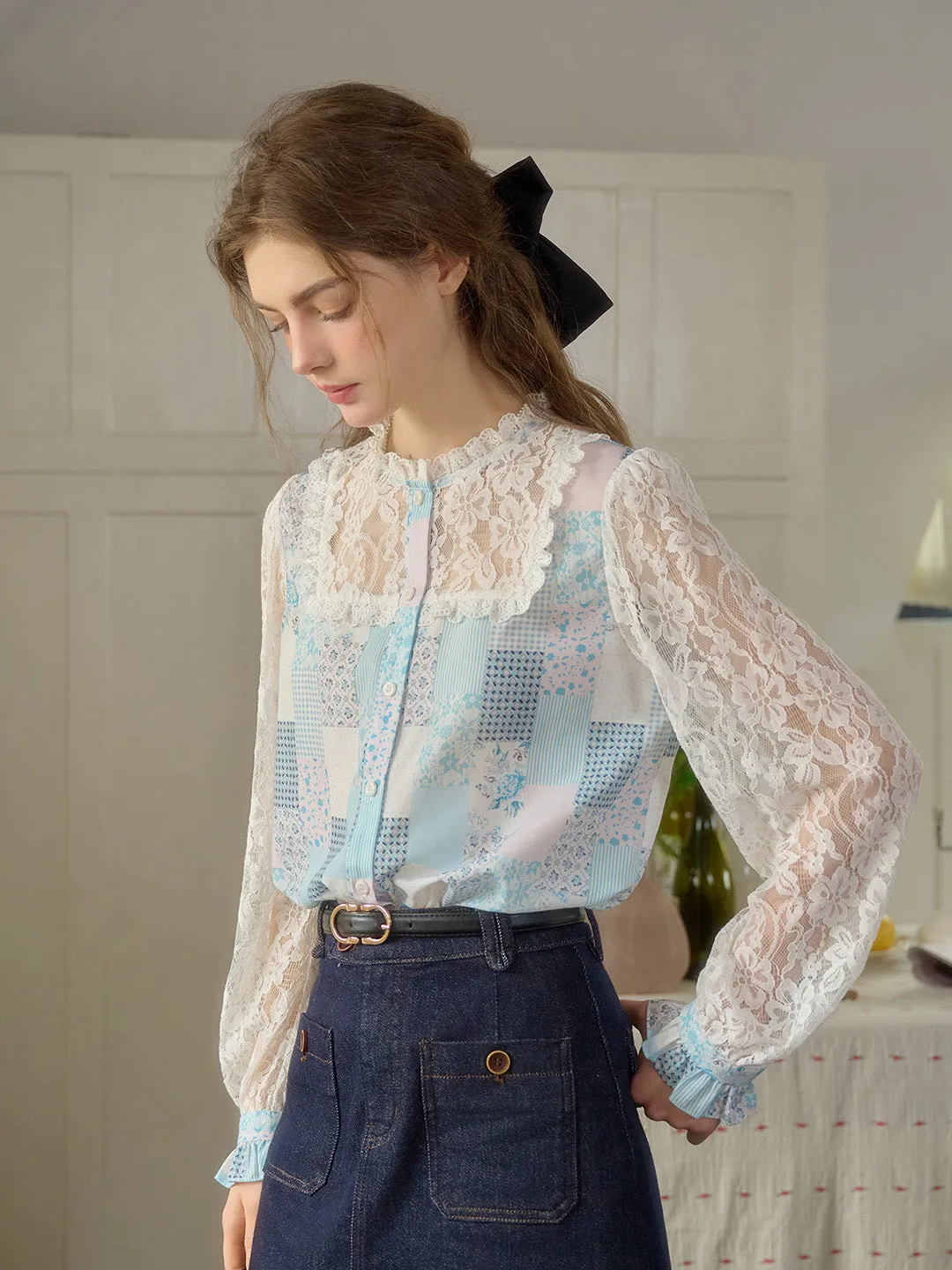 Vivienne Lace Collar Patchwork Blouse - Blue