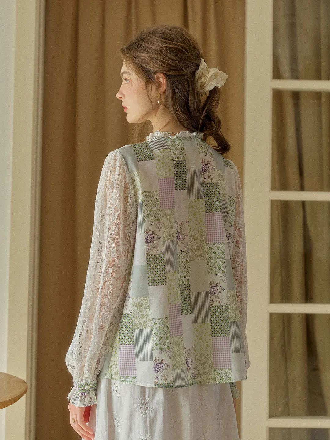Vivienne Lace Collar Patchwork Blouse - Blue