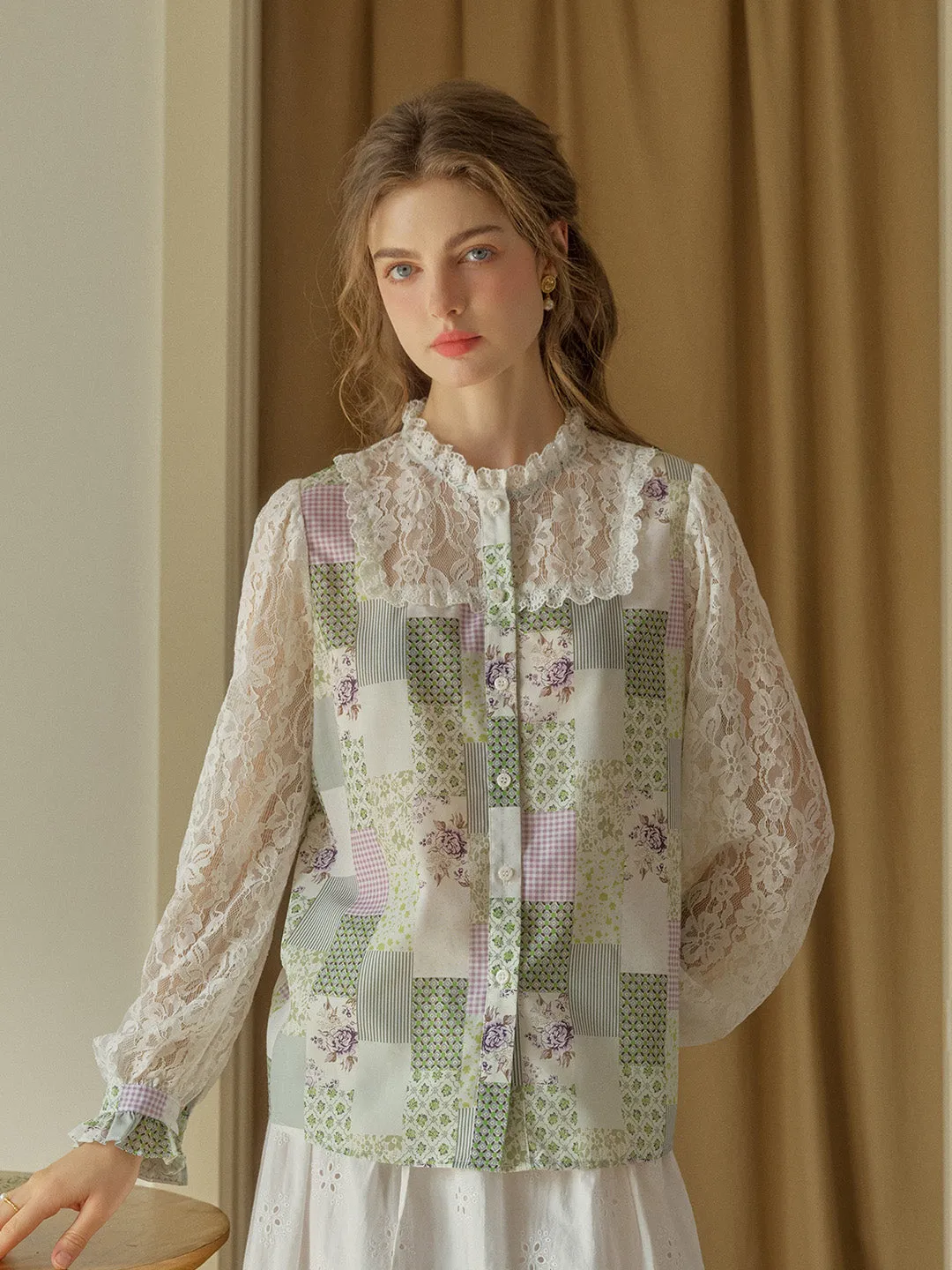 Vivienne Lace Collar Patchwork Blouse - Blue