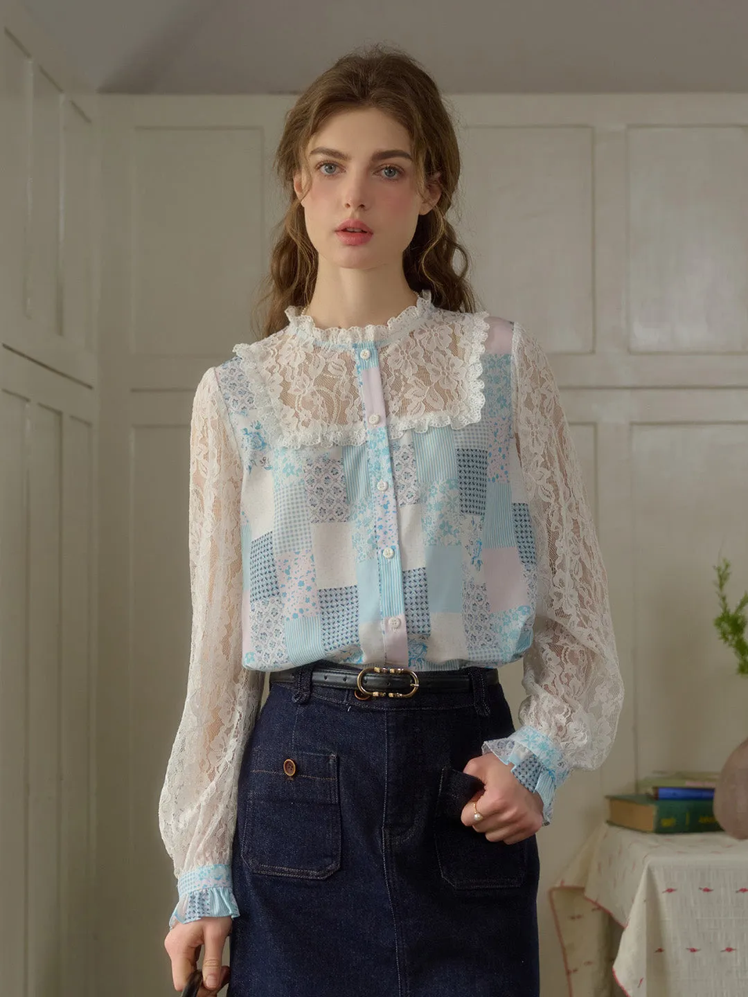 Vivienne Lace Collar Patchwork Blouse - Blue