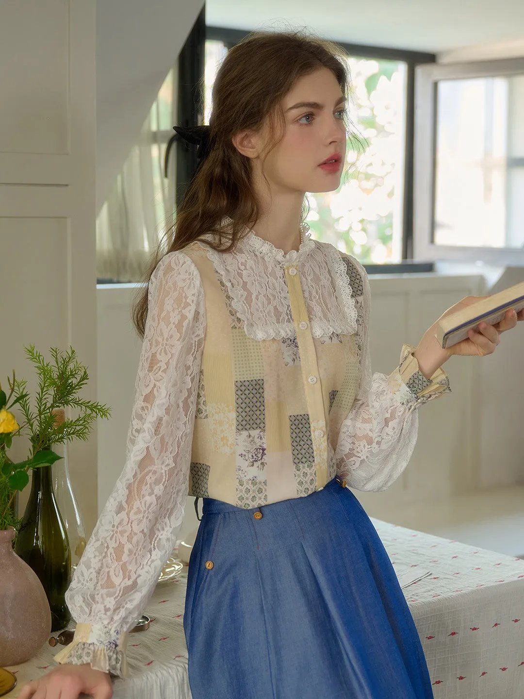 Vivienne Lace Collar Patchwork Blouse - Blue