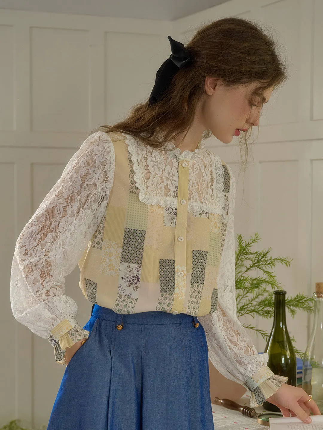 Vivienne Lace Collar Patchwork Blouse - Blue