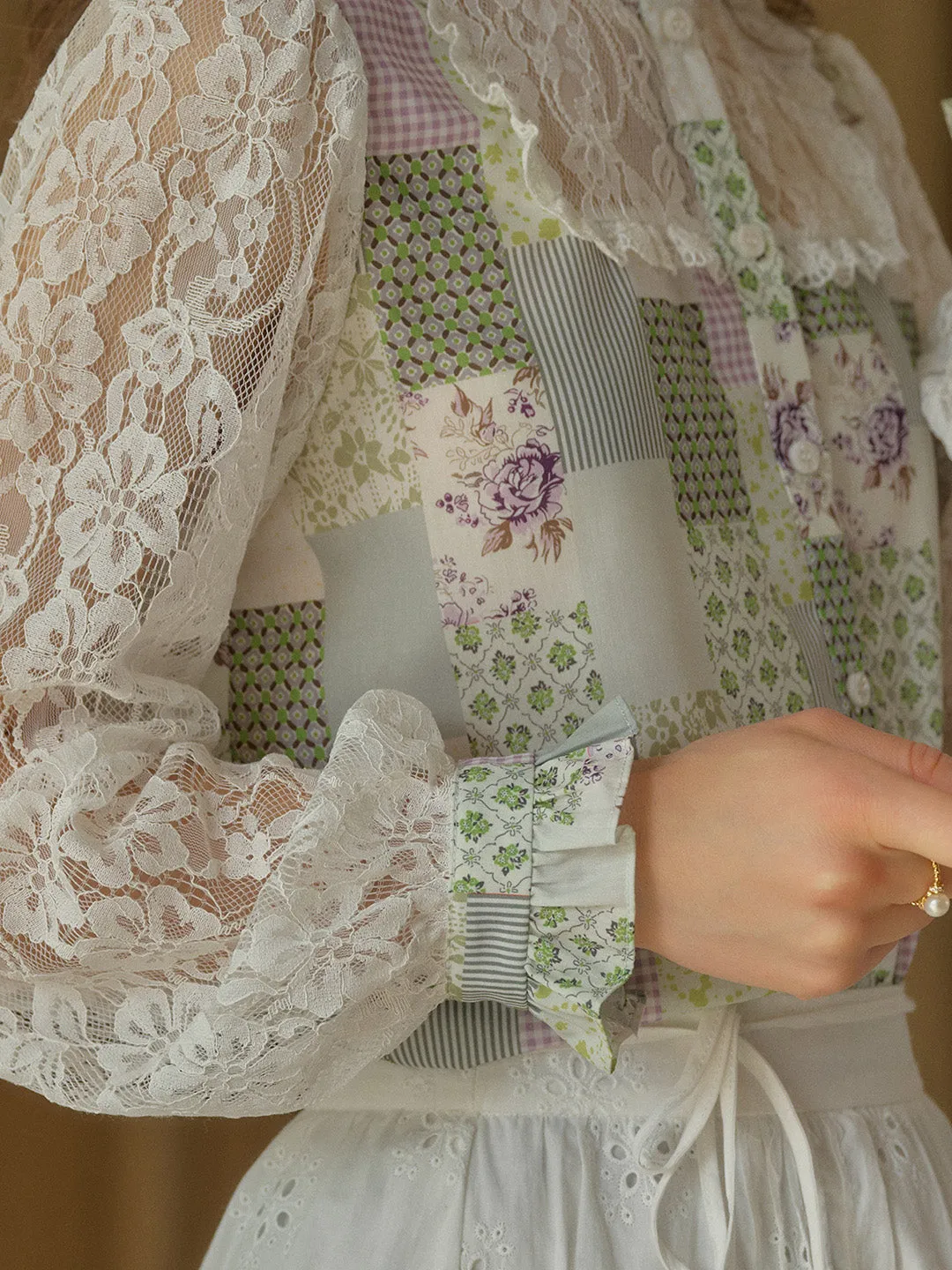 Vivienne Lace Collar Patchwork Blouse - Blue
