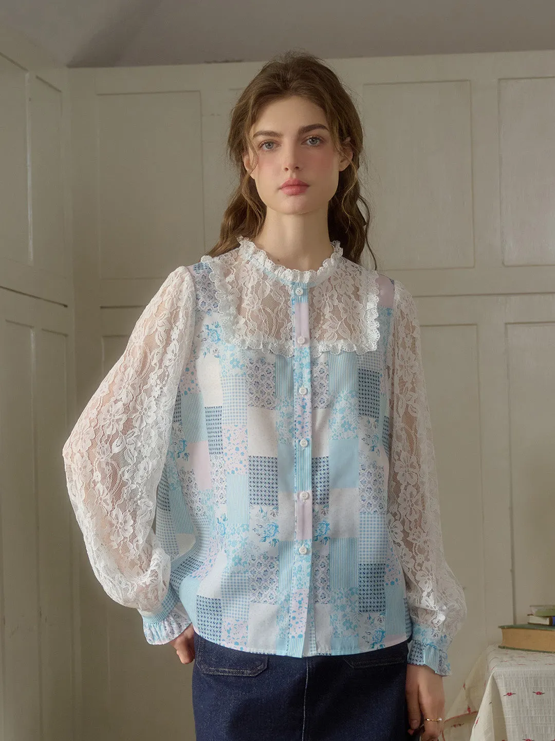 Vivienne Lace Collar Patchwork Blouse - Blue