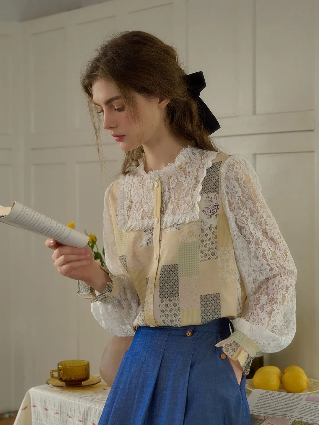 Vivienne Lace Collar Patchwork Blouse - Blue