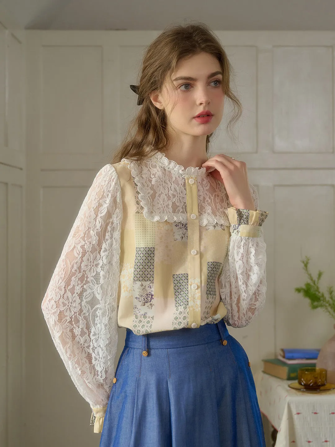 Vivienne Lace Collar Patchwork Blouse - Blue
