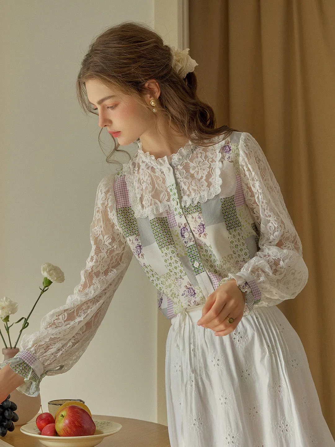 Vivienne Lace Collar Patchwork Blouse - Blue