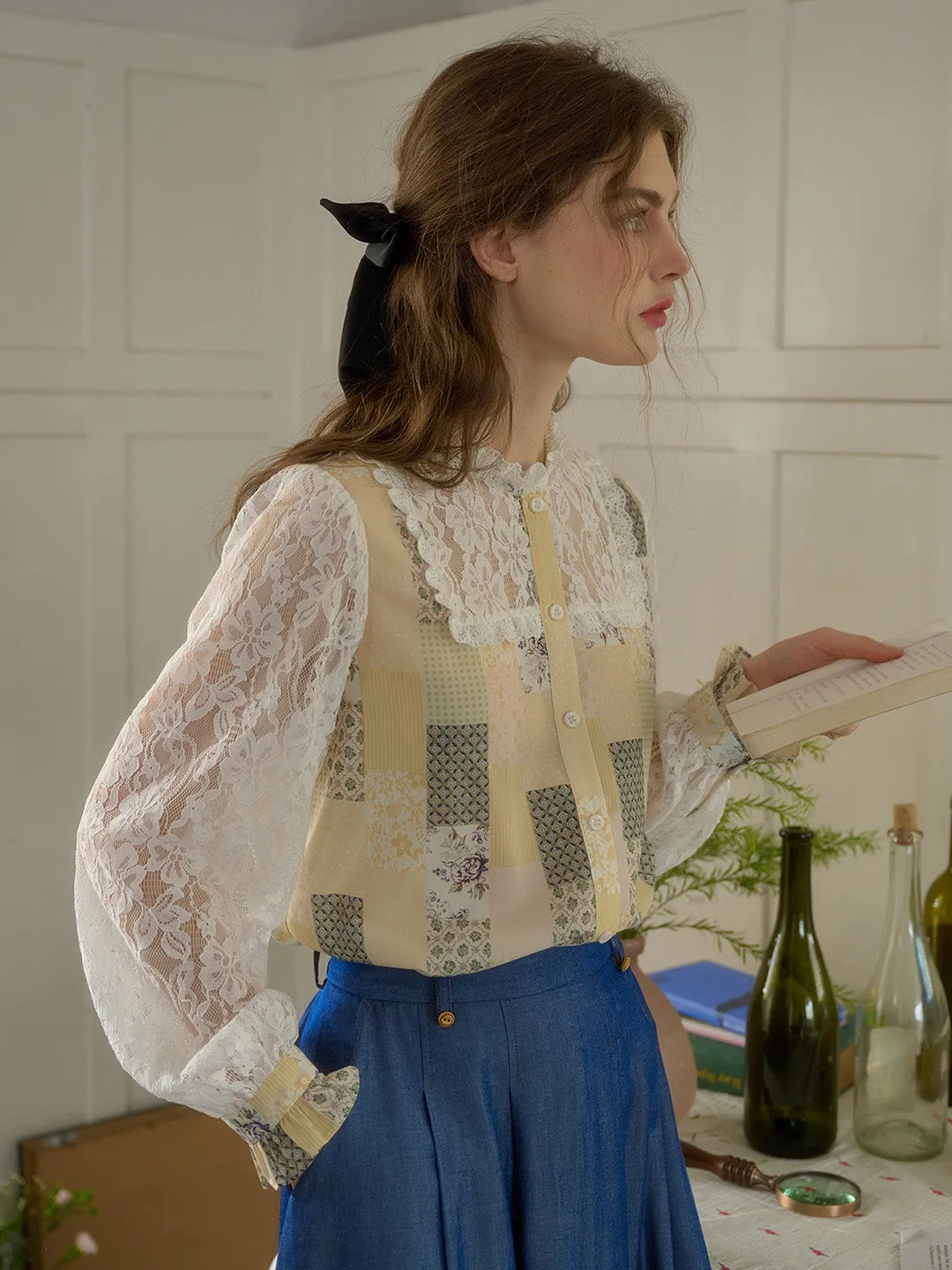 Vivienne Lace Collar Patchwork Blouse - Blue