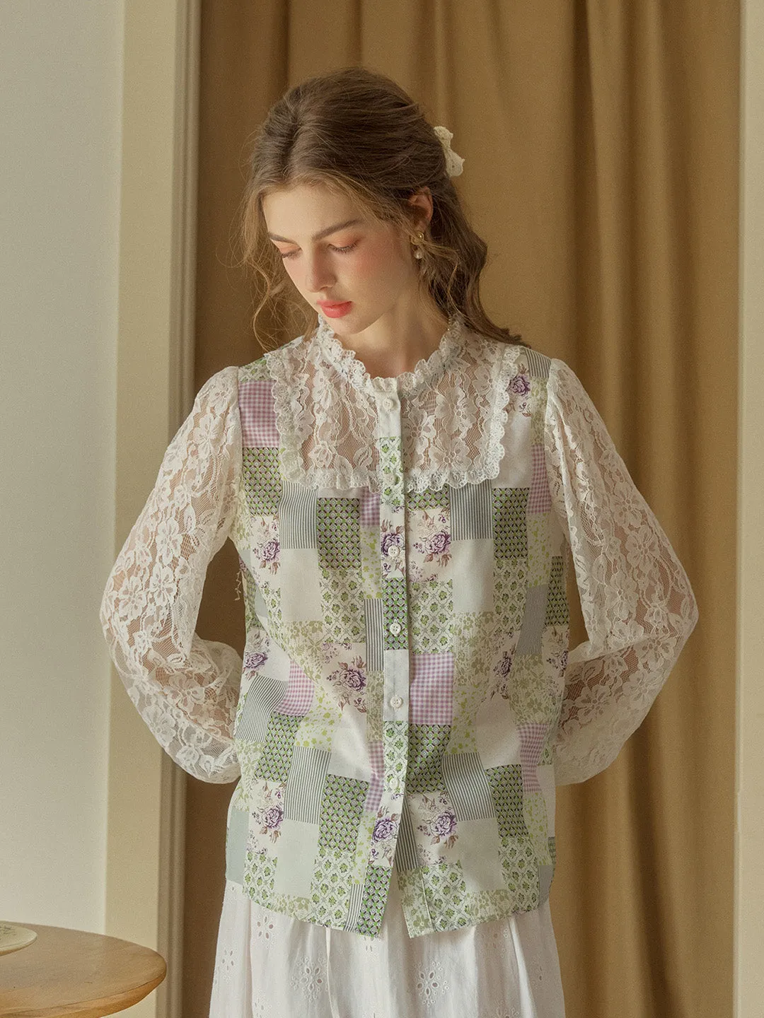 Vivienne Lace Collar Patchwork Blouse - Blue