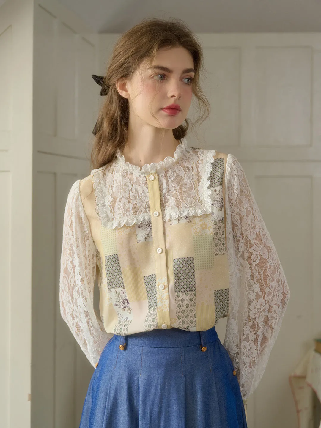 Vivienne Lace Collar Patchwork Blouse - Blue