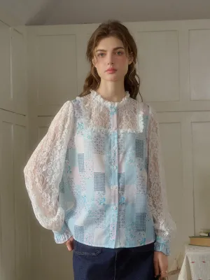Vivienne Lace Collar Patchwork Blouse - Blue