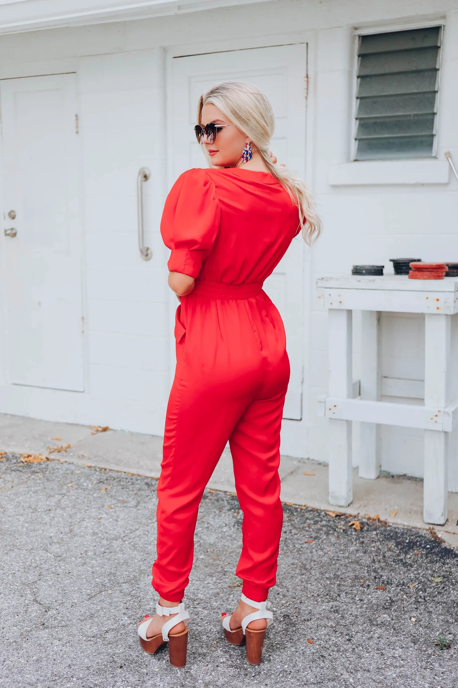 Walk The Walk Cinch Waist Jumpsuit - Red