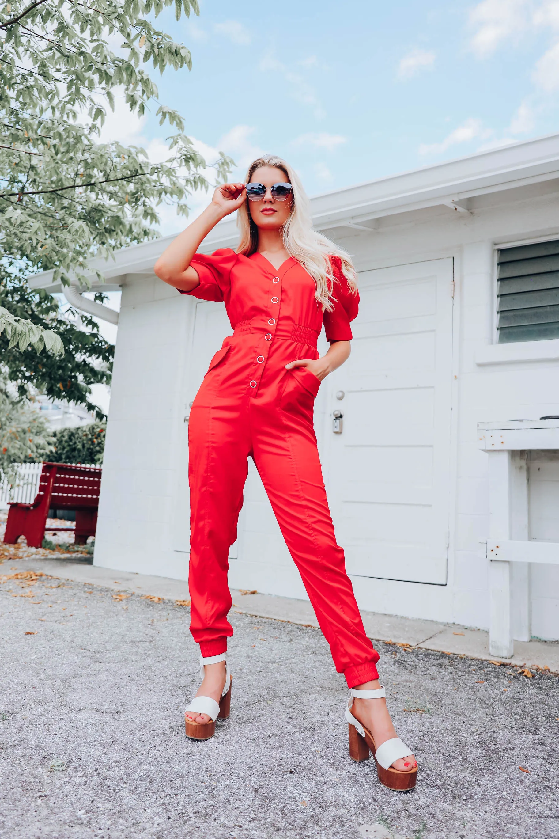 Walk The Walk Cinch Waist Jumpsuit - Red