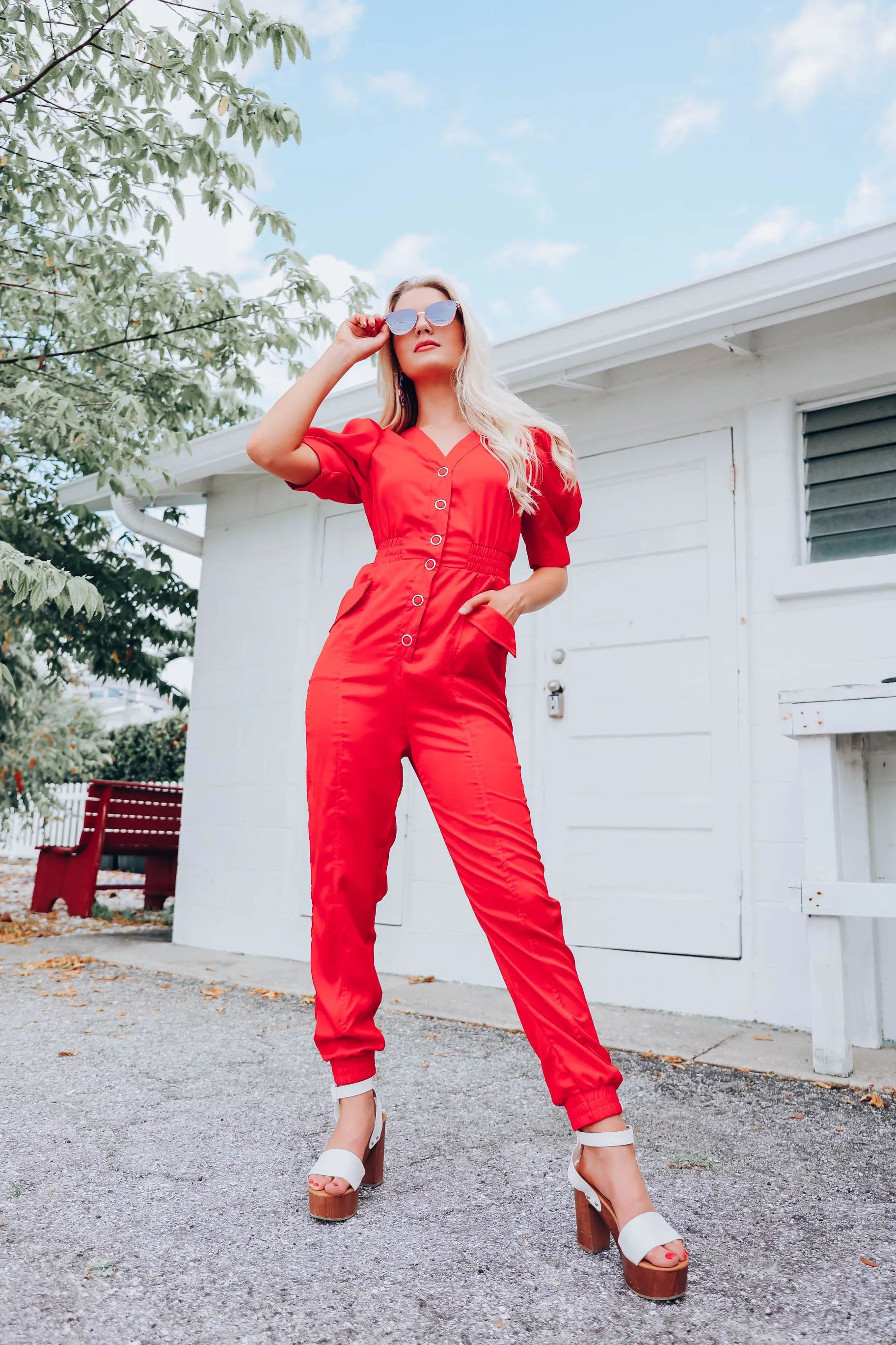 Walk The Walk Cinch Waist Jumpsuit - Red