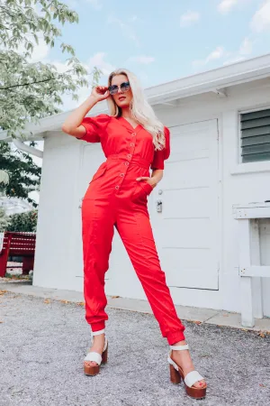 Walk The Walk Cinch Waist Jumpsuit - Red