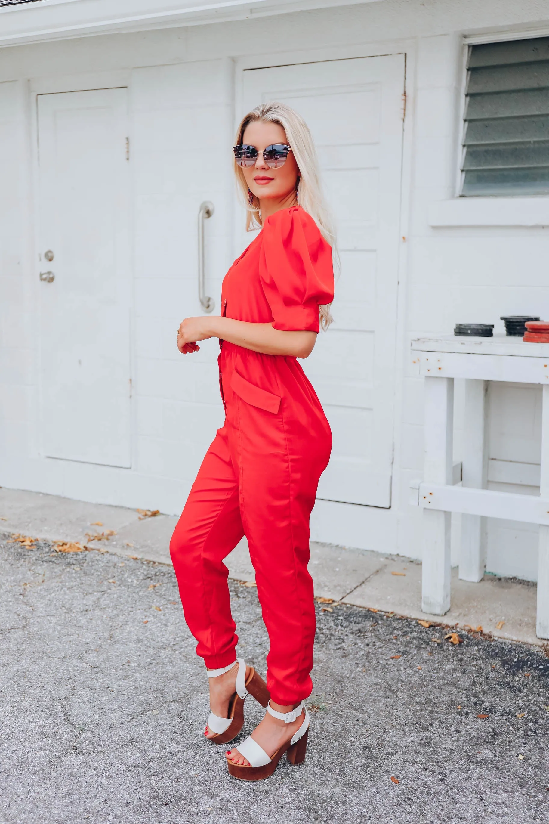 Walk The Walk Cinch Waist Jumpsuit - Red