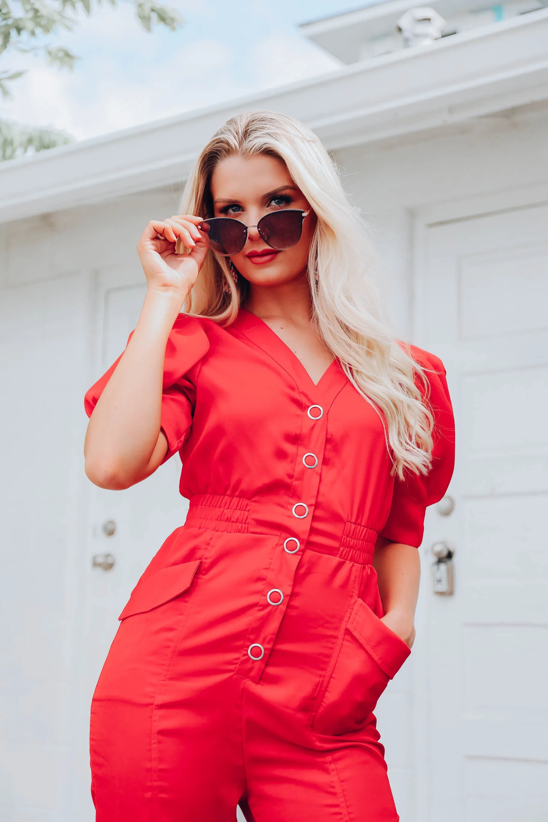 Walk The Walk Cinch Waist Jumpsuit - Red