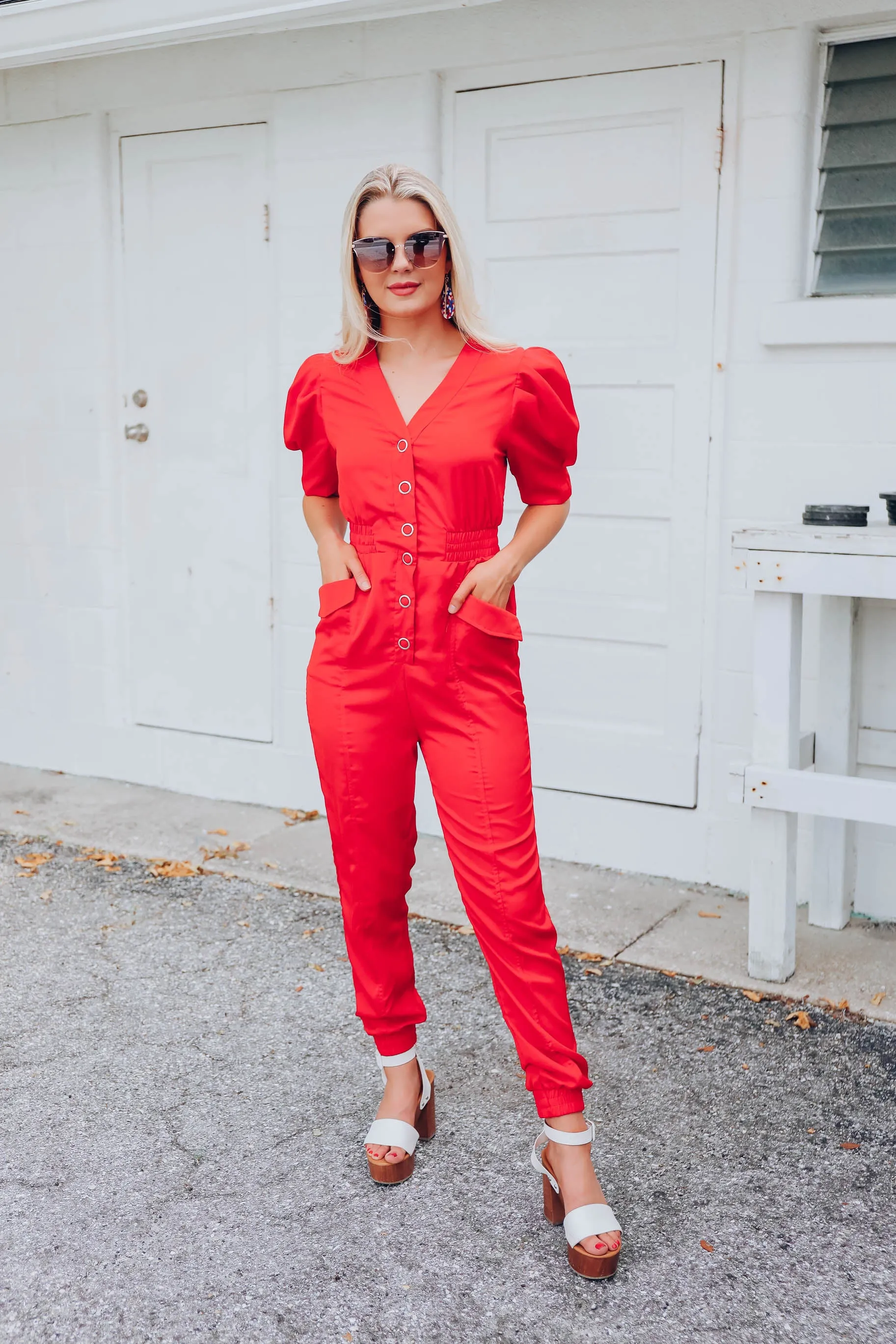 Walk The Walk Cinch Waist Jumpsuit - Red