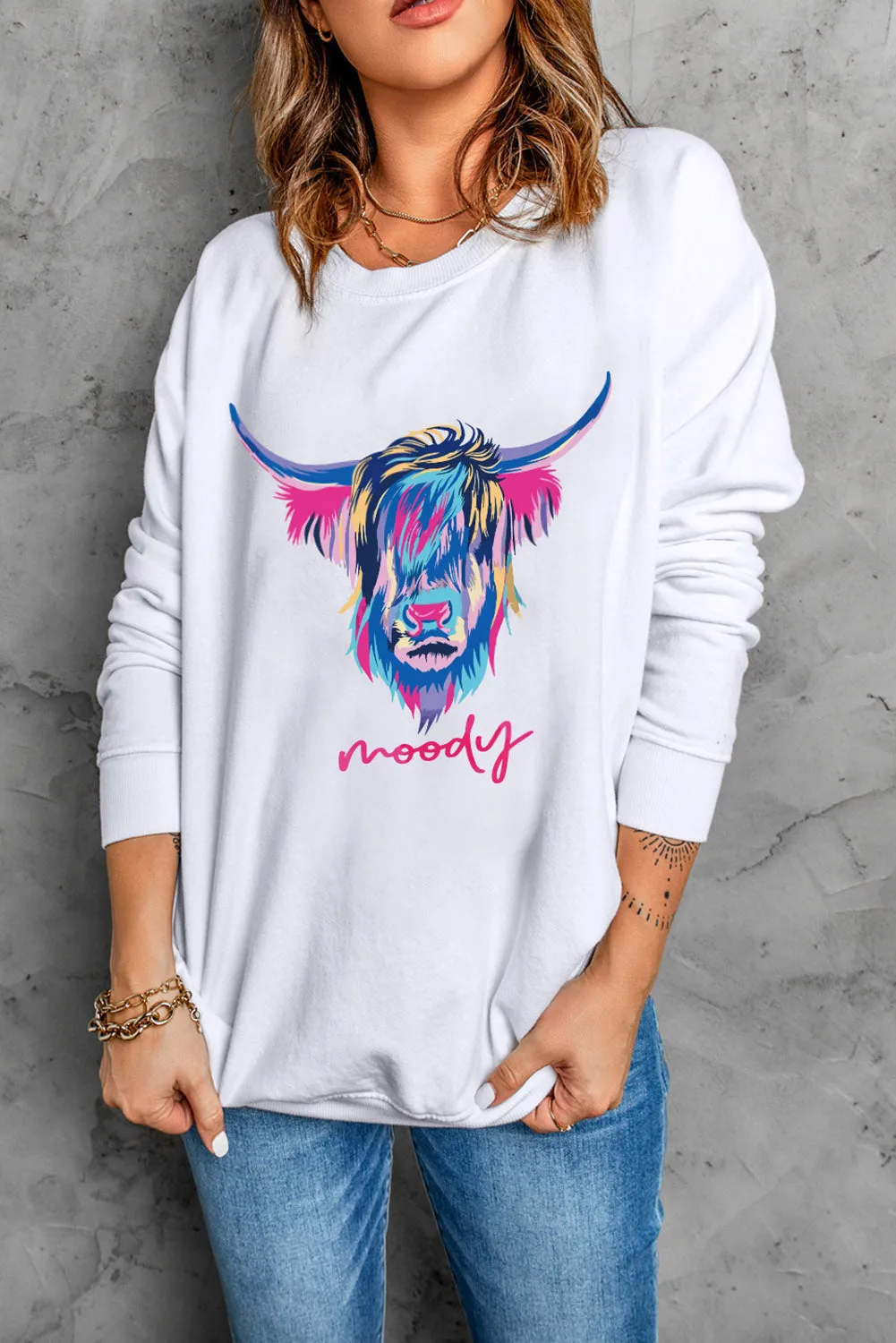 White Cool Highland Heifer Moody Graphic Sweatshirt