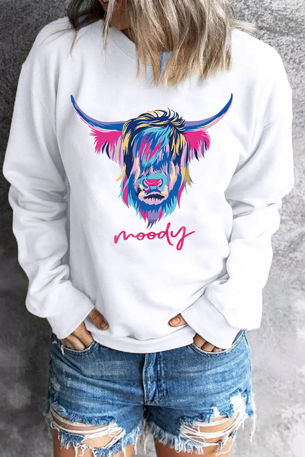 White Cool Highland Heifer Moody Graphic Sweatshirt