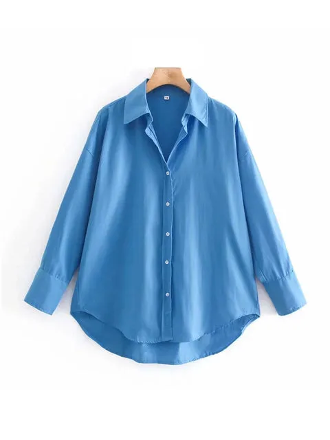 Women Fashion Loose Asymmetry Poplin Blouses Vintage Long Sleeve Button-up Female Shirts
