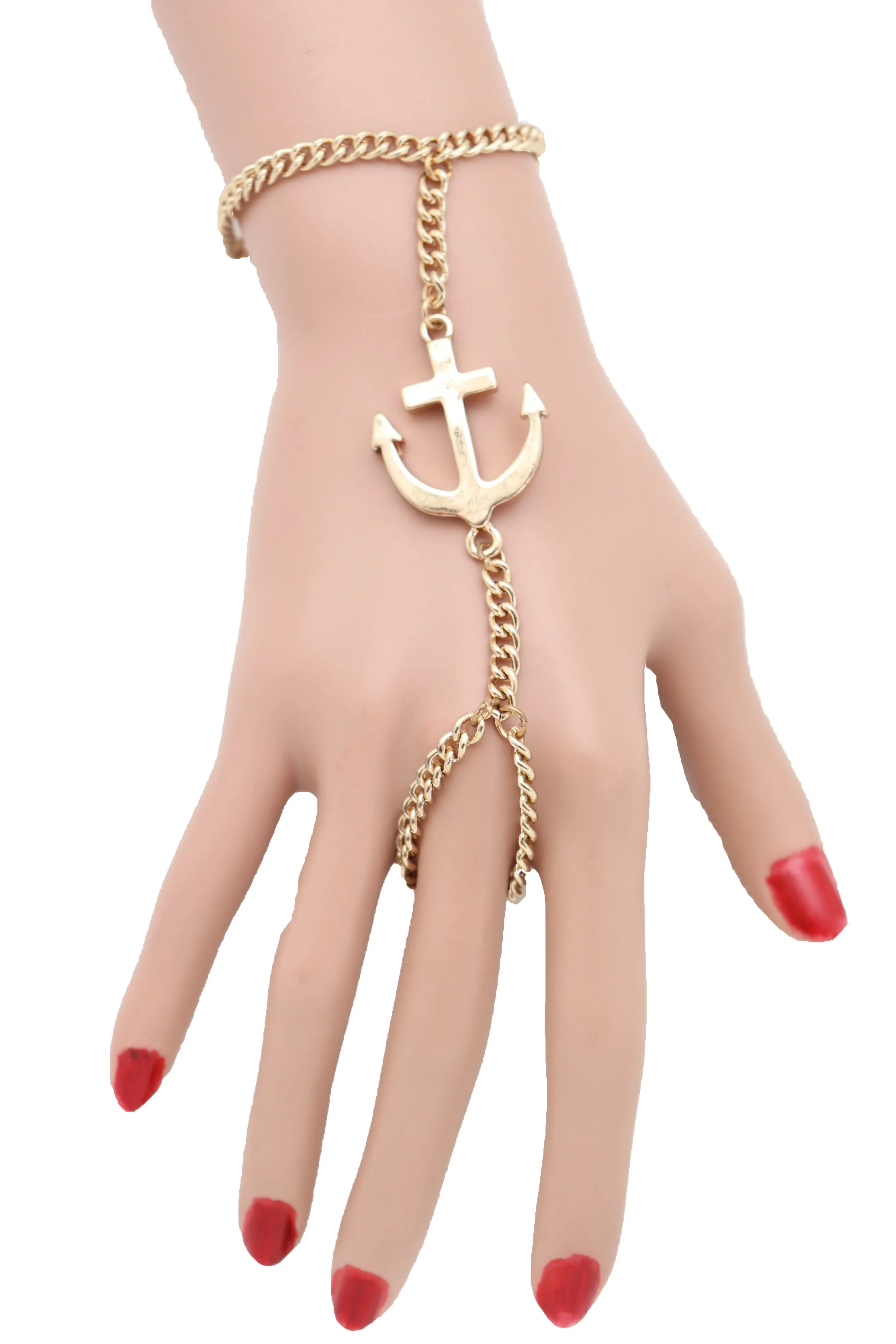 Women Jewelry Nautical Fashion Bracelet Gold Metal Hand Chain Anchor Charm Ring One Size Fits All