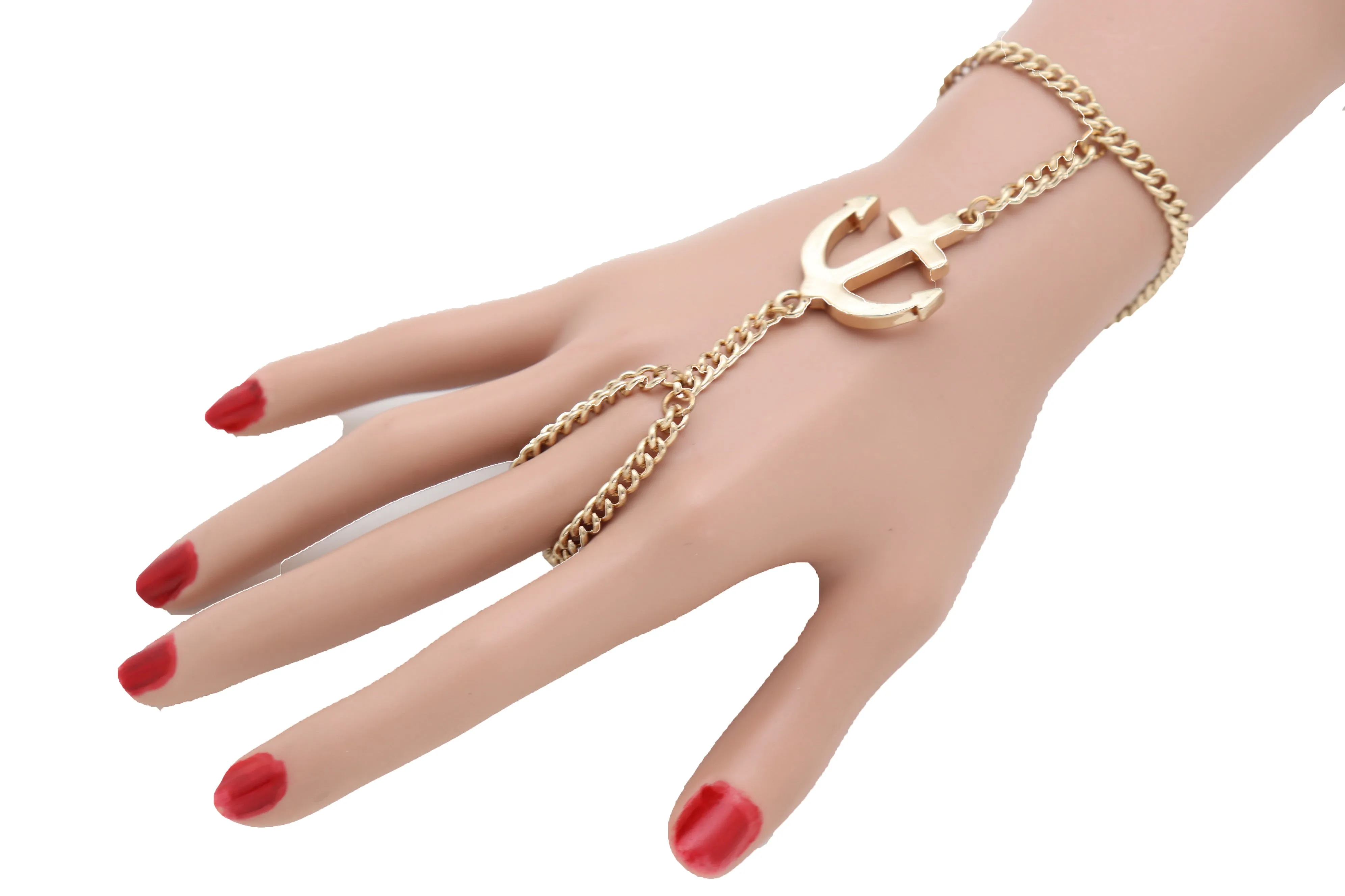 Women Jewelry Nautical Fashion Bracelet Gold Metal Hand Chain Anchor Charm Ring One Size Fits All