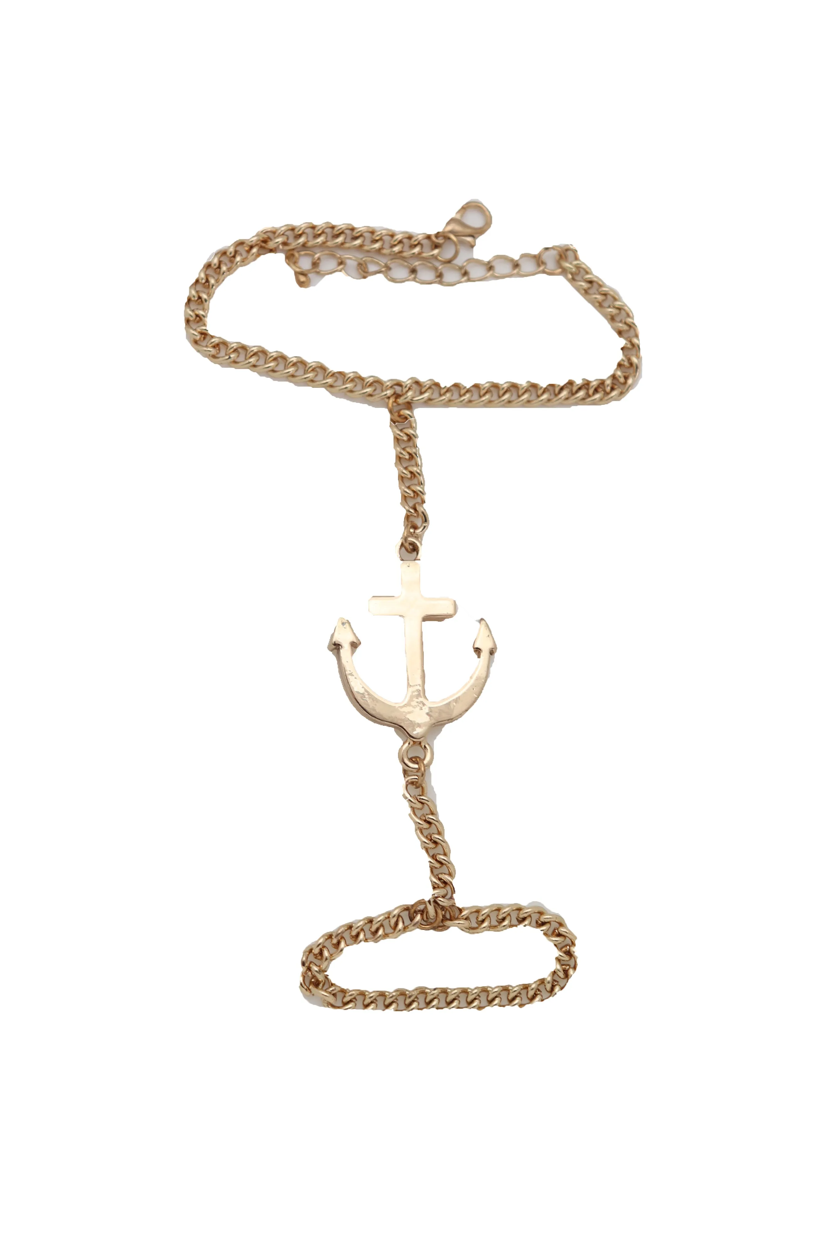 Women Jewelry Nautical Fashion Bracelet Gold Metal Hand Chain Anchor Charm Ring One Size Fits All
