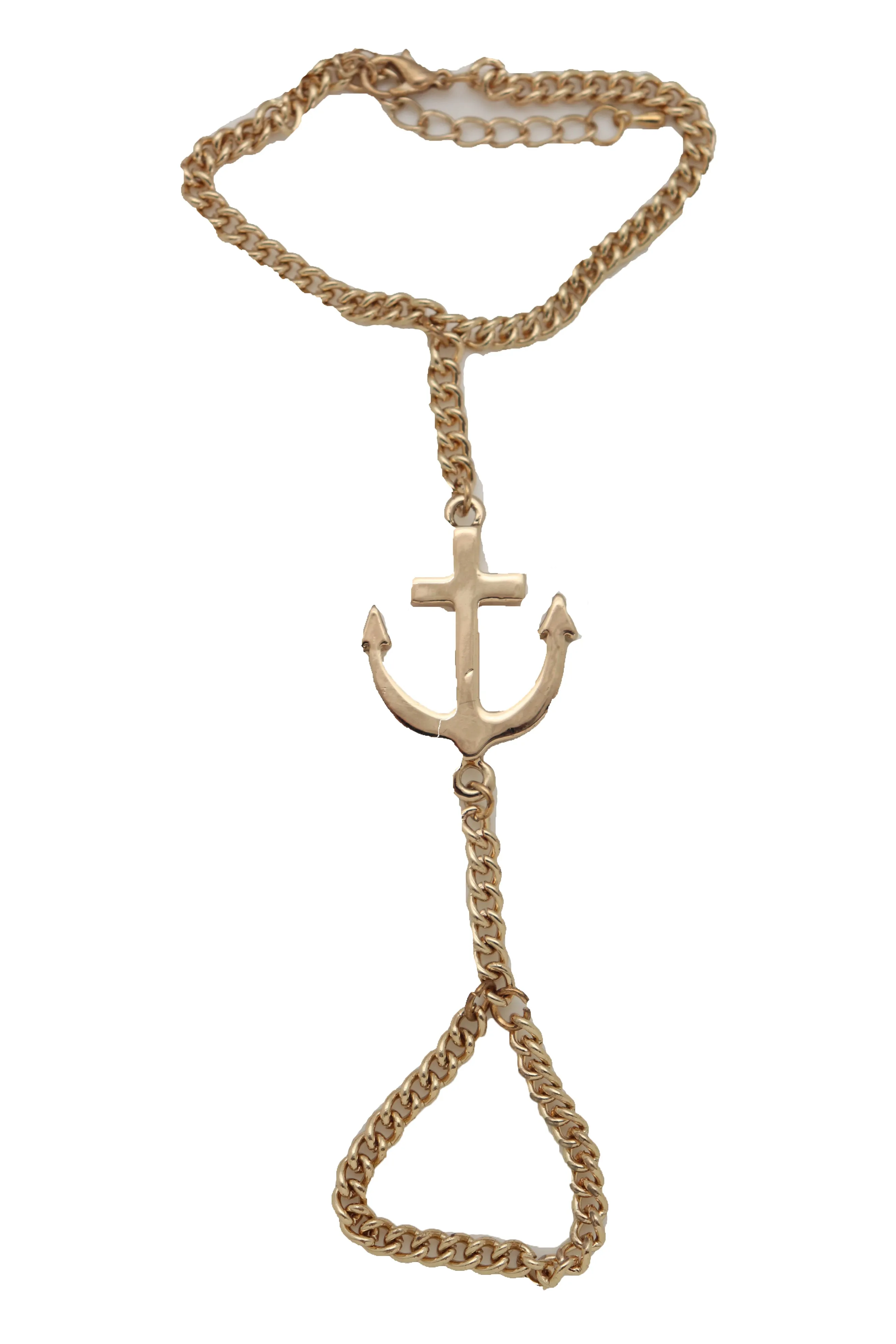Women Jewelry Nautical Fashion Bracelet Gold Metal Hand Chain Anchor Charm Ring One Size Fits All