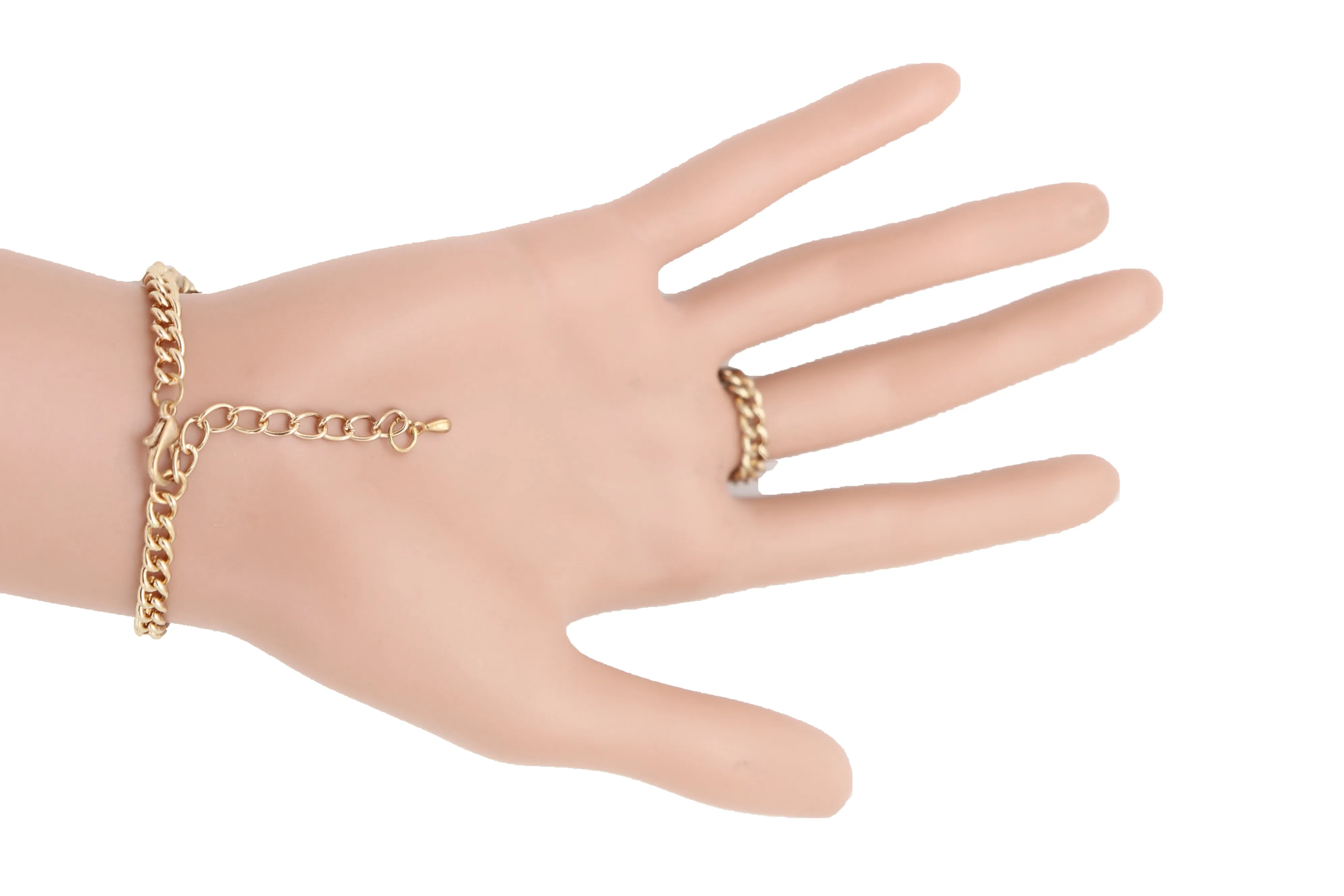 Women Jewelry Nautical Fashion Bracelet Gold Metal Hand Chain Anchor Charm Ring One Size Fits All