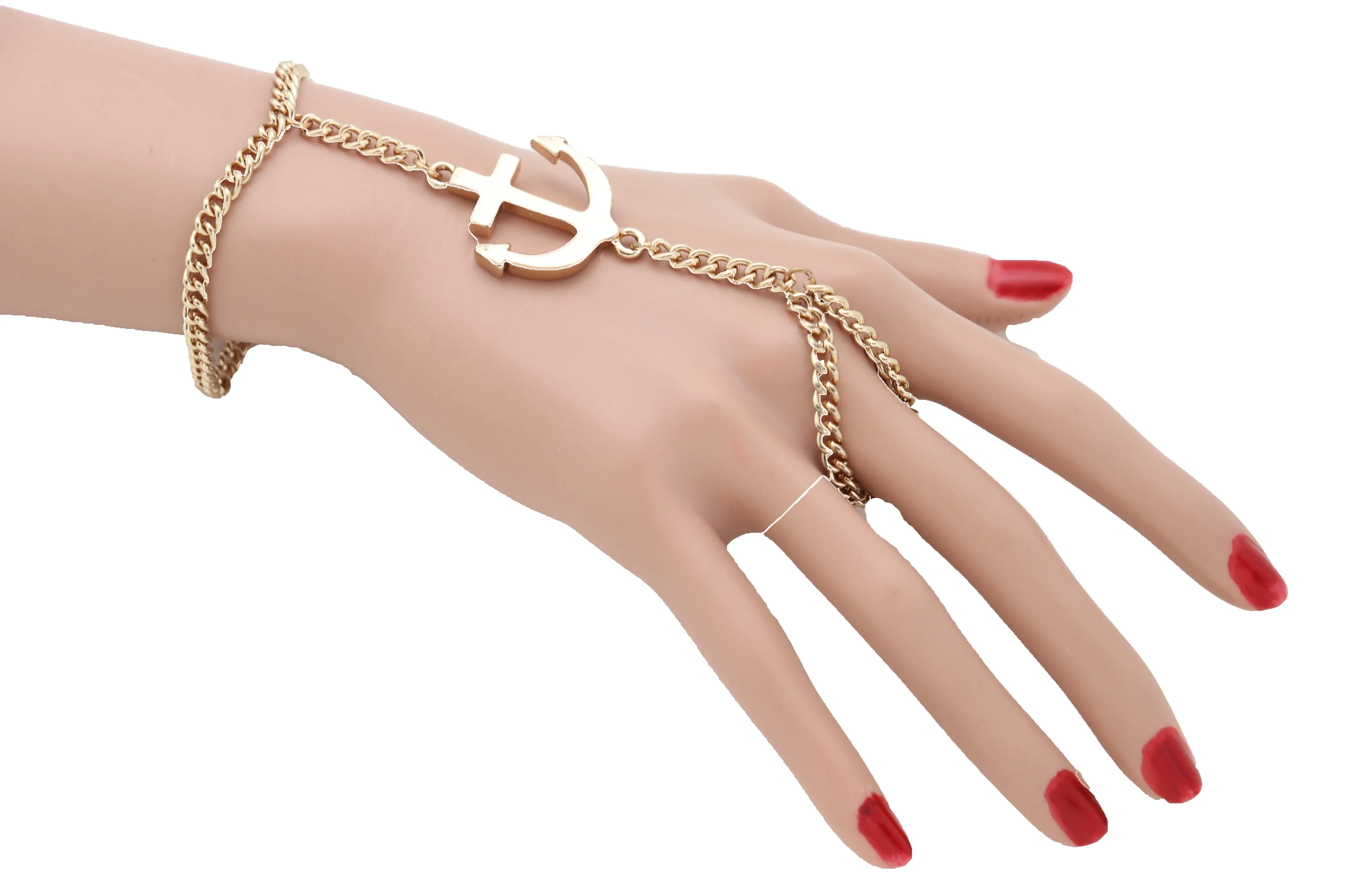 Women Jewelry Nautical Fashion Bracelet Gold Metal Hand Chain Anchor Charm Ring One Size Fits All