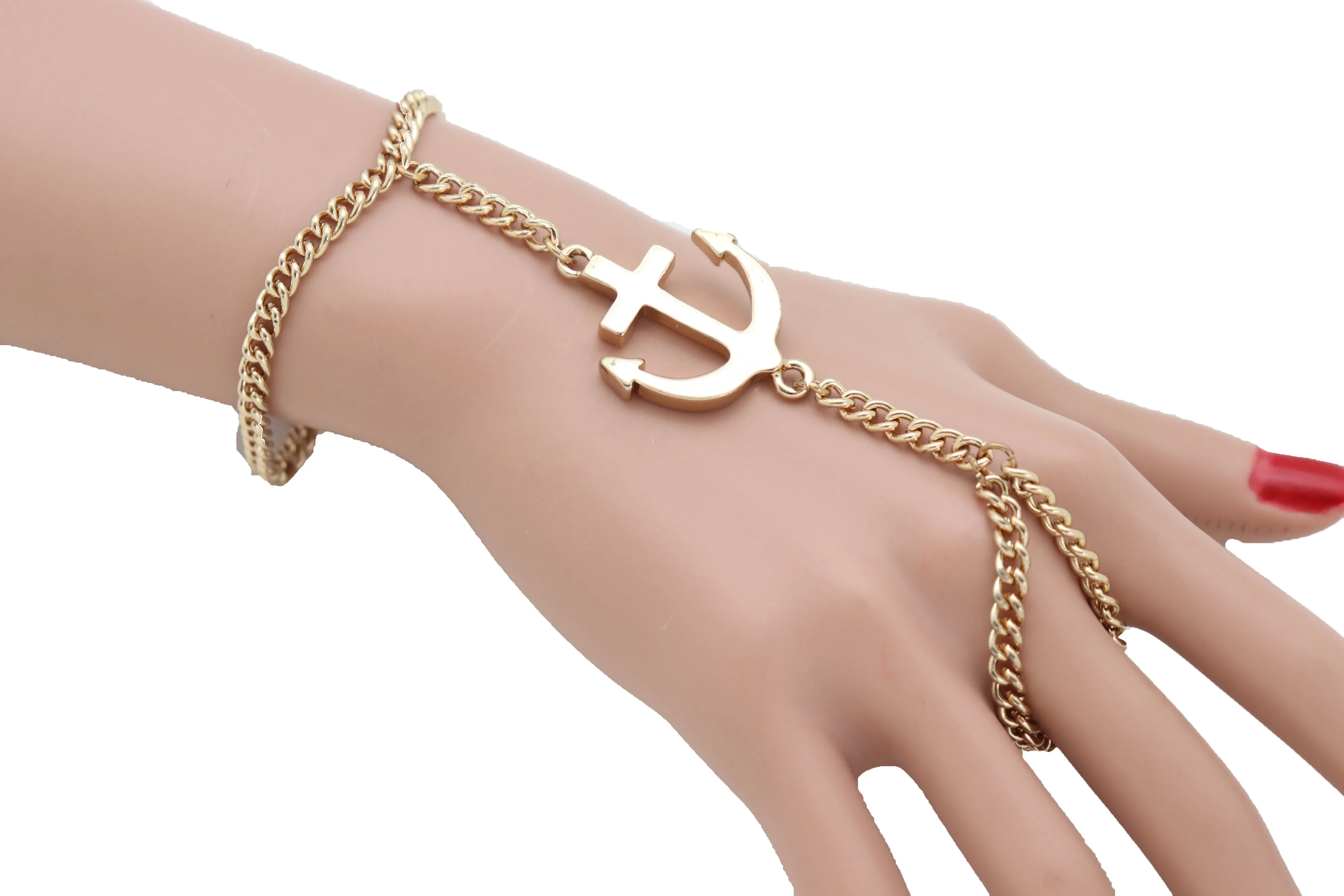 Women Jewelry Nautical Fashion Bracelet Gold Metal Hand Chain Anchor Charm Ring One Size Fits All