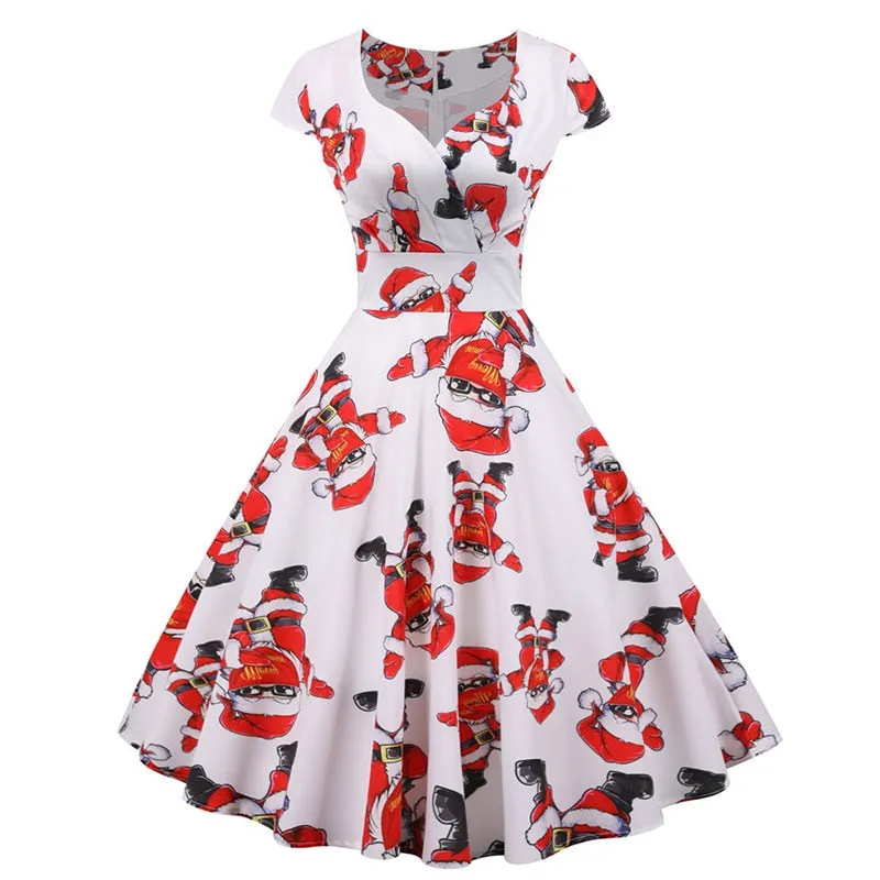 Women's Casual Sexy Elegant Retro Dress V Neck Short Sleeve High Waist Print Holiday Dress