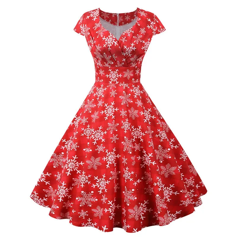 Women's Casual Sexy Elegant Retro Dress V Neck Short Sleeve High Waist Print Holiday Dress