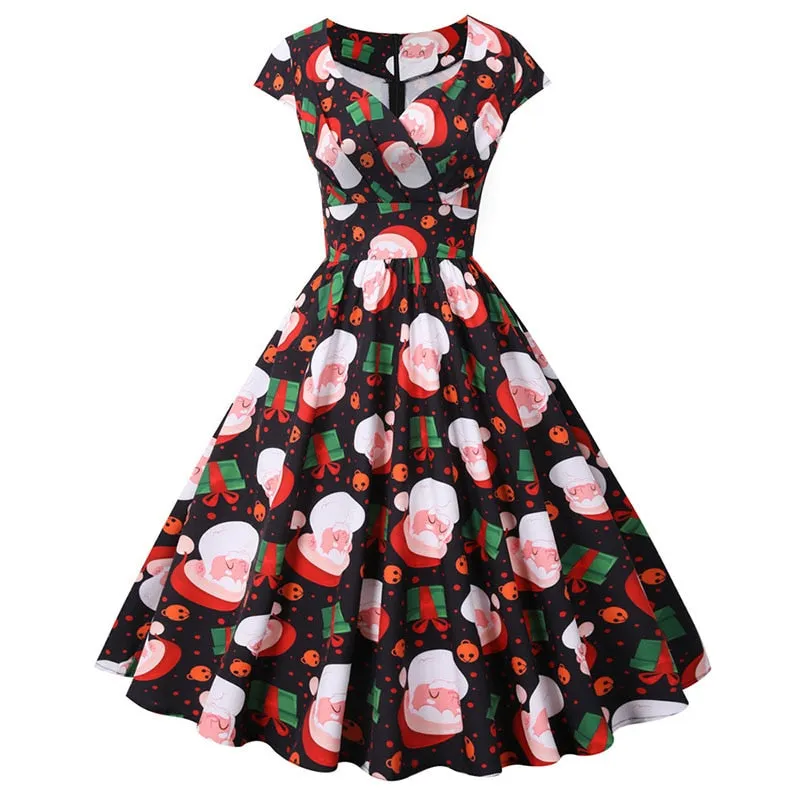 Women's Casual Sexy Elegant Retro Dress V Neck Short Sleeve High Waist Print Holiday Dress