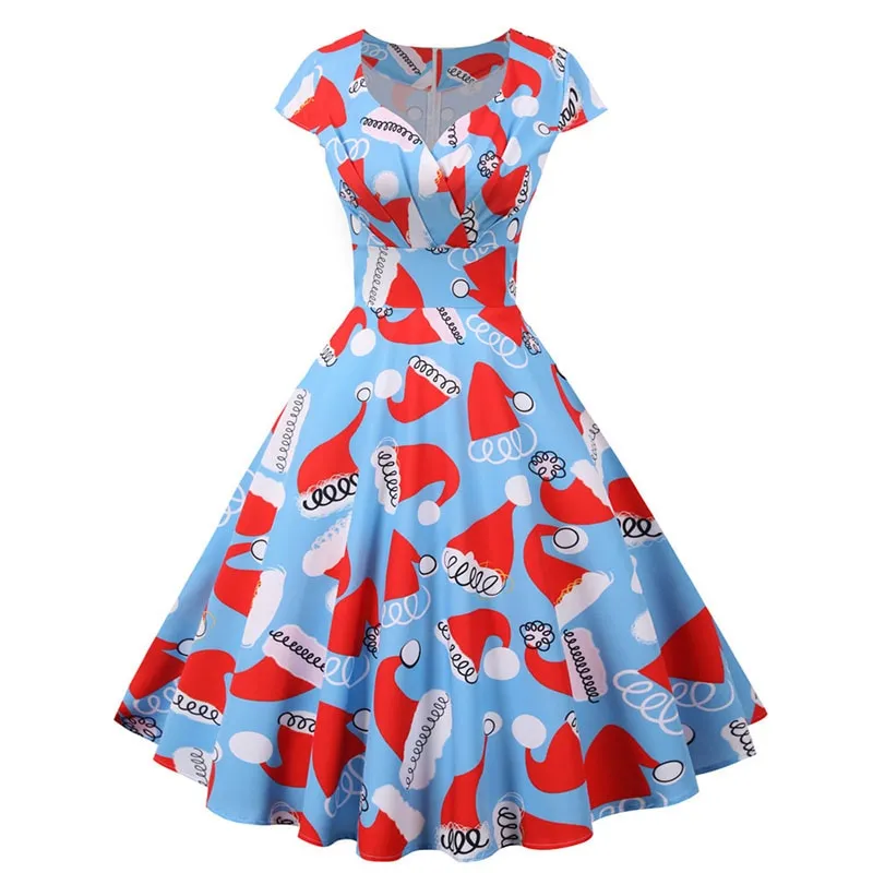 Women's Casual Sexy Elegant Retro Dress V Neck Short Sleeve High Waist Print Holiday Dress