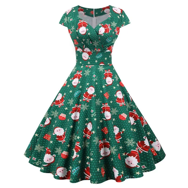 Women's Casual Sexy Elegant Retro Dress V Neck Short Sleeve High Waist Print Holiday Dress