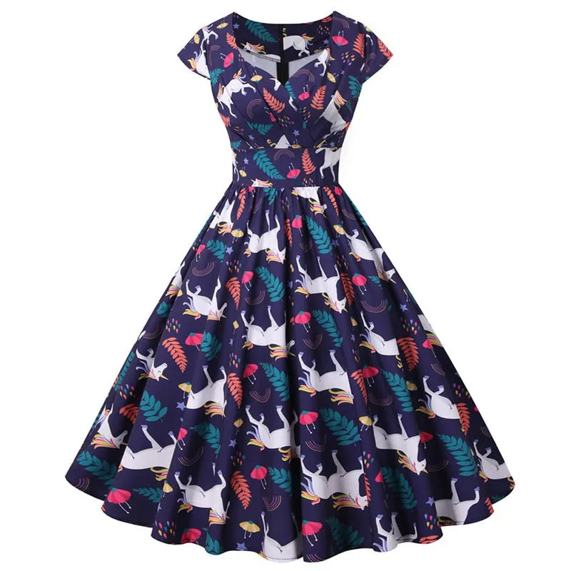 Women's Casual Sexy Elegant Retro Dress V Neck Short Sleeve High Waist Print Holiday Dress