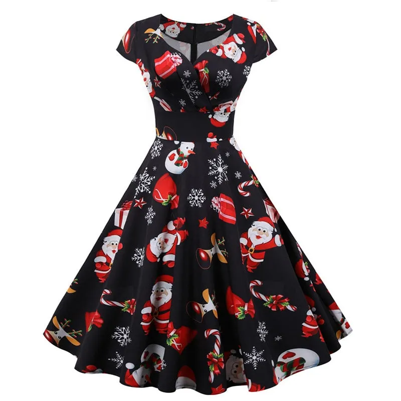 Women's Casual Sexy Elegant Retro Dress V Neck Short Sleeve High Waist Print Holiday Dress