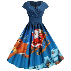 Women's Casual Sexy Elegant Retro Dress V Neck Short Sleeve High Waist Print Holiday Dress