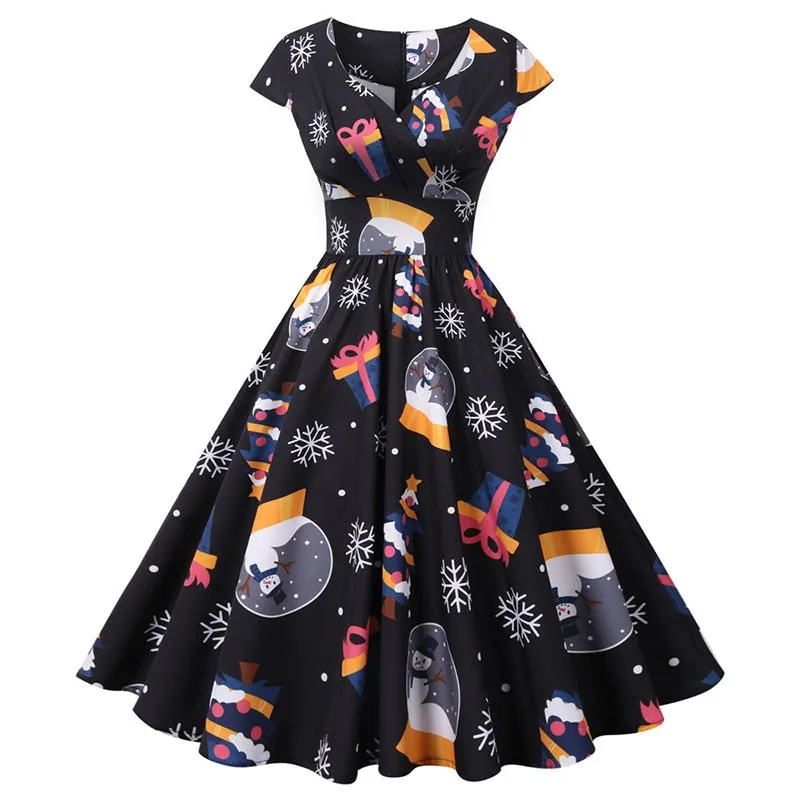 Women's Casual Sexy Elegant Retro Dress V Neck Short Sleeve High Waist Print Holiday Dress
