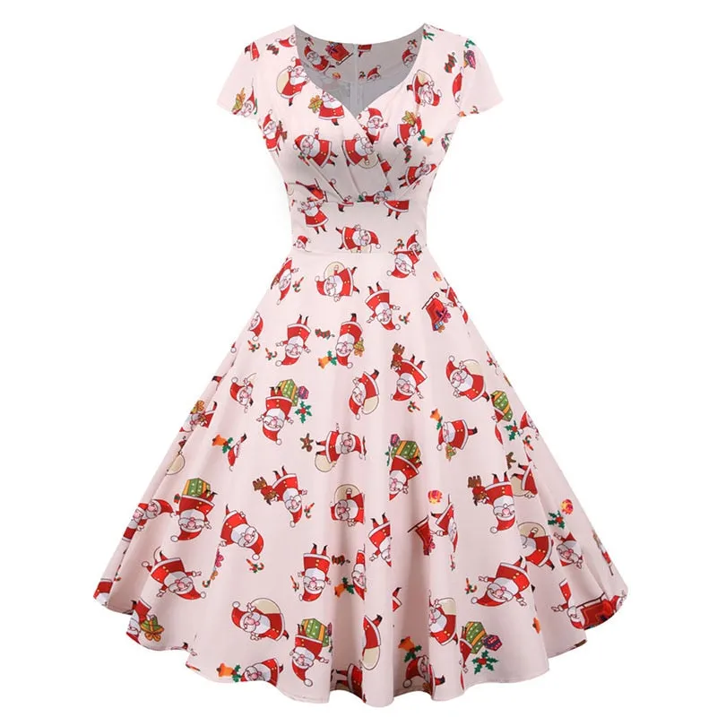 Women's Casual Sexy Elegant Retro Dress V Neck Short Sleeve High Waist Print Holiday Dress
