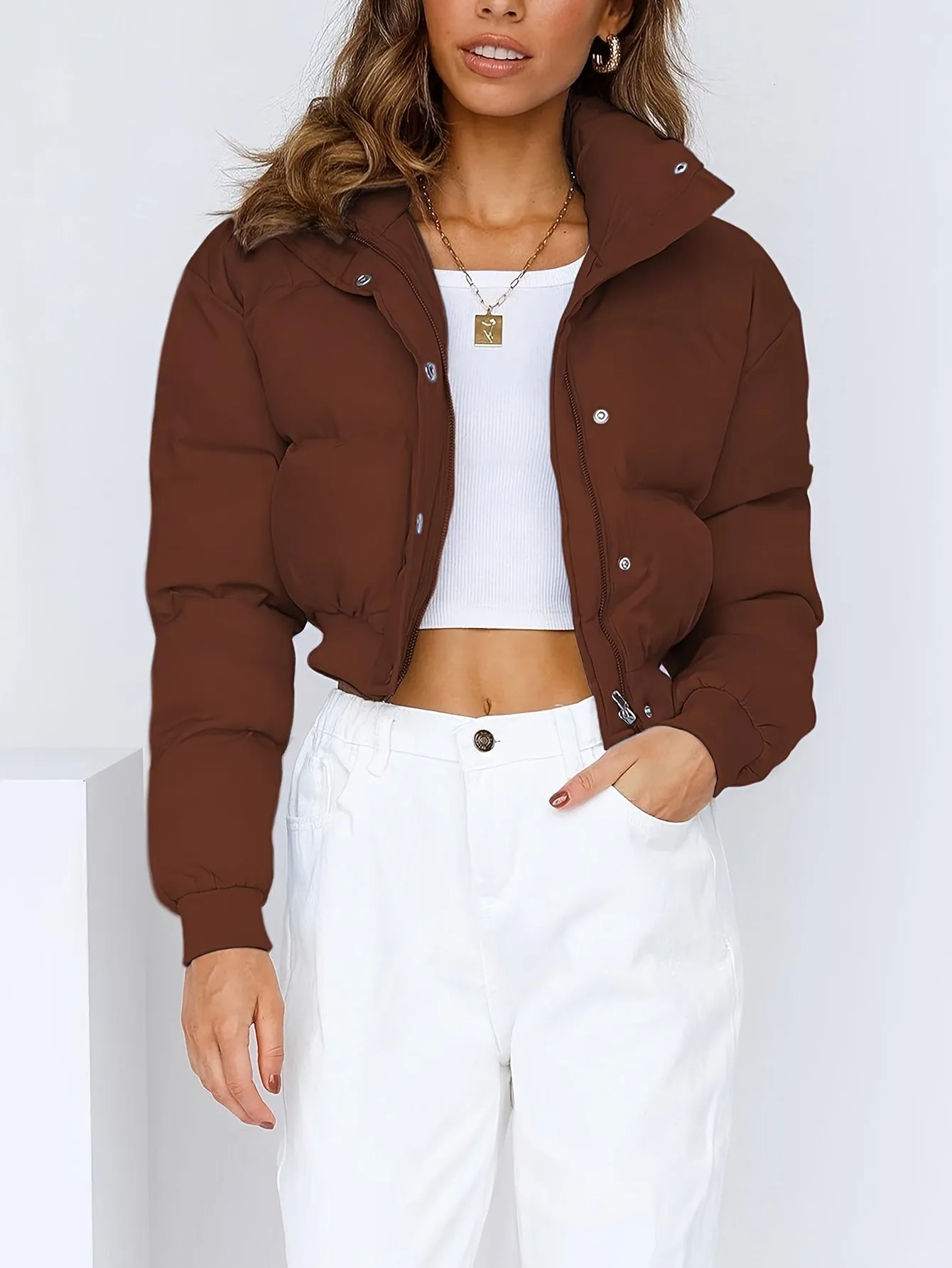 Womens Cropped ZipUp Winter Puffer Jacket